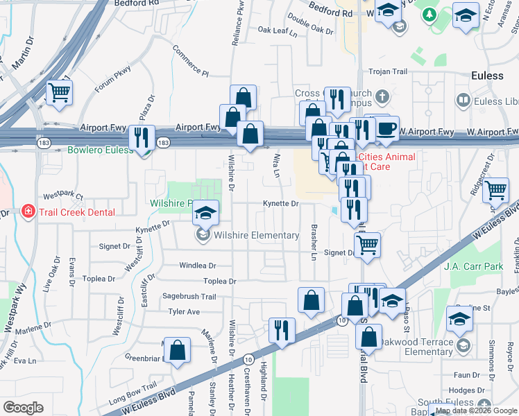 map of restaurants, bars, coffee shops, grocery stores, and more near 315 Crowe Drive in Euless