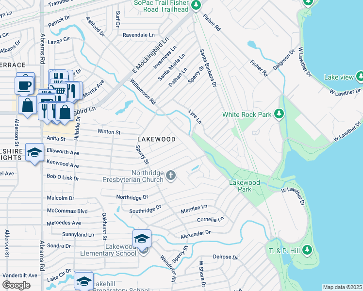 map of restaurants, bars, coffee shops, grocery stores, and more near 3909 Frontier Lane in Dallas