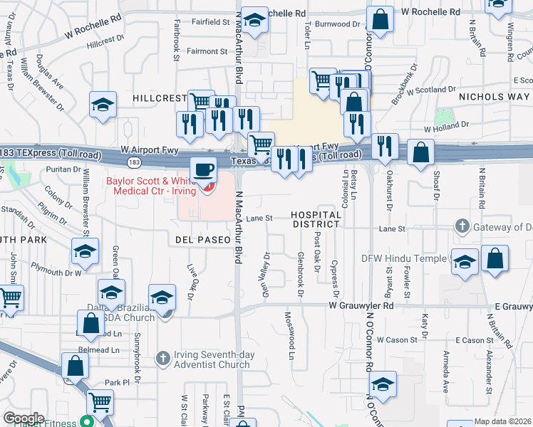 map of restaurants, bars, coffee shops, grocery stores, and more near 912 Lane Street in Irving