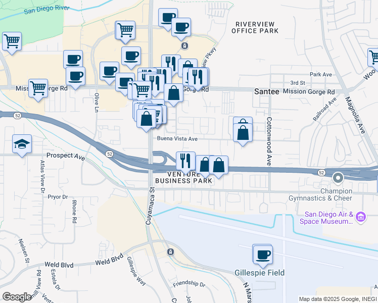 map of restaurants, bars, coffee shops, grocery stores, and more near 9925 Summertree Lane in Santee