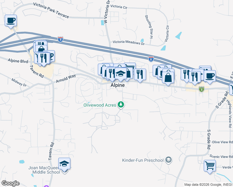 map of restaurants, bars, coffee shops, grocery stores, and more near 1434 Marshall Road in Alpine