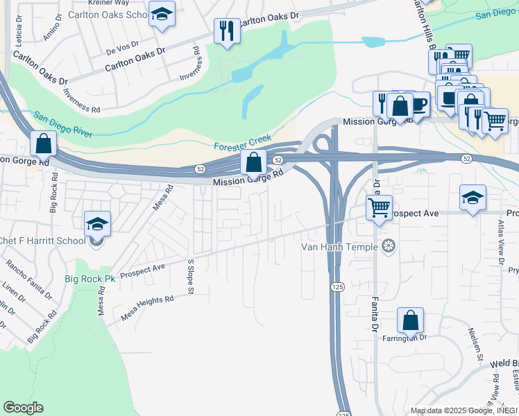 map of restaurants, bars, coffee shops, grocery stores, and more near 8692 Camden Drive in Santee