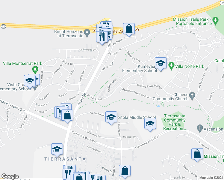 map of restaurants, bars, coffee shops, grocery stores, and more near 6106 Calle Mariselda in San Diego