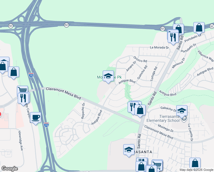 map of restaurants, bars, coffee shops, grocery stores, and more near 5590 Antigua Boulevard in San Diego