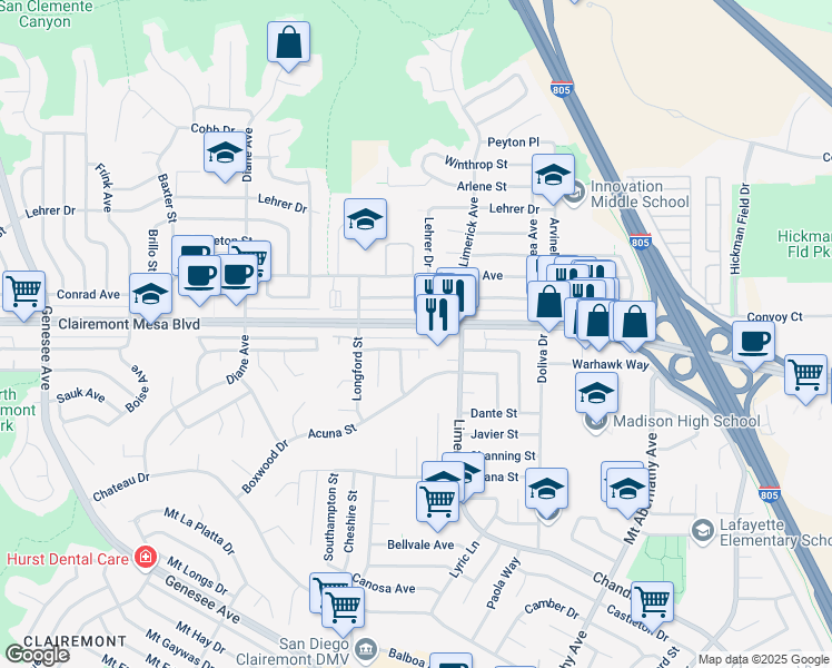map of restaurants, bars, coffee shops, grocery stores, and more near 4823 Kesling Place in San Diego