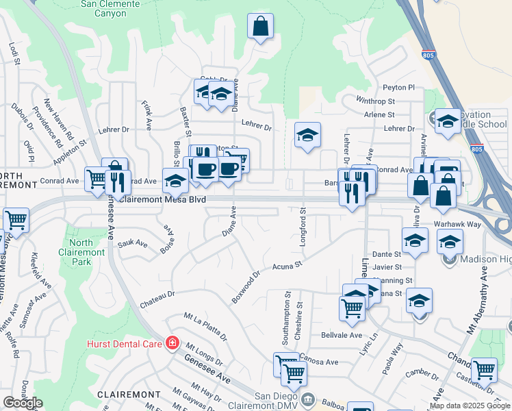 map of restaurants, bars, coffee shops, grocery stores, and more near 4839 Mount Royal Avenue in San Diego