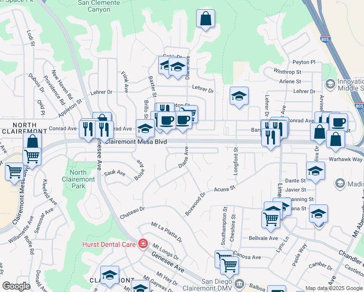 map of restaurants, bars, coffee shops, grocery stores, and more near 4763 Mount Royal Avenue in San Diego