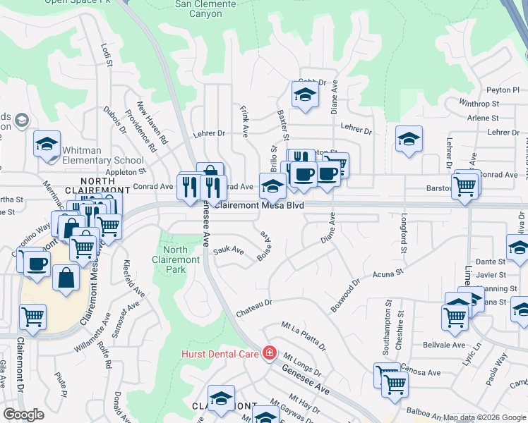 map of restaurants, bars, coffee shops, grocery stores, and more near 4867 Frink Avenue in San Diego
