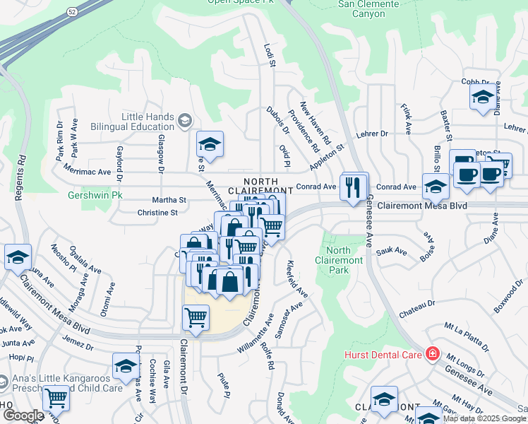 map of restaurants, bars, coffee shops, grocery stores, and more near 5074 Clairemont Drive in San Diego