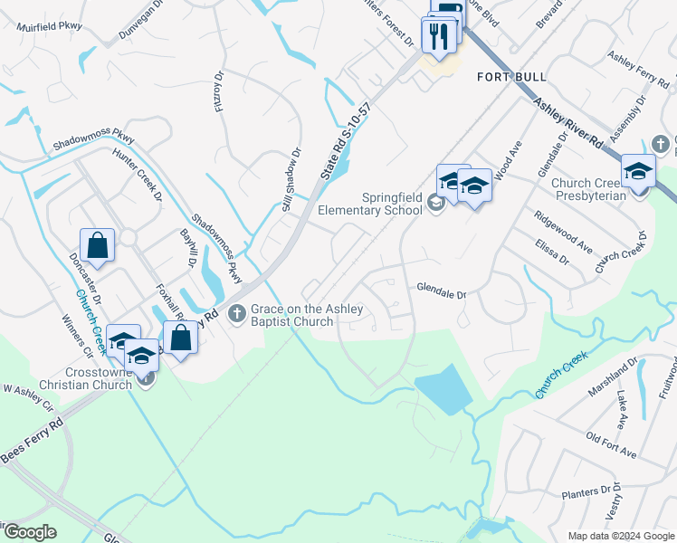 map of restaurants, bars, coffee shops, grocery stores, and more near 2802 Garden Creek Road in Charleston