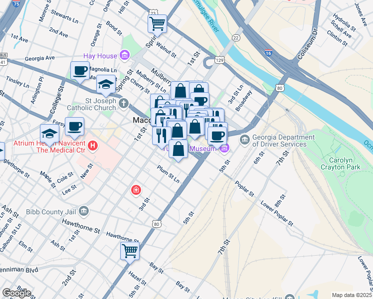 map of restaurants, bars, coffee shops, grocery stores, and more near 446 Poplar Street in Macon
