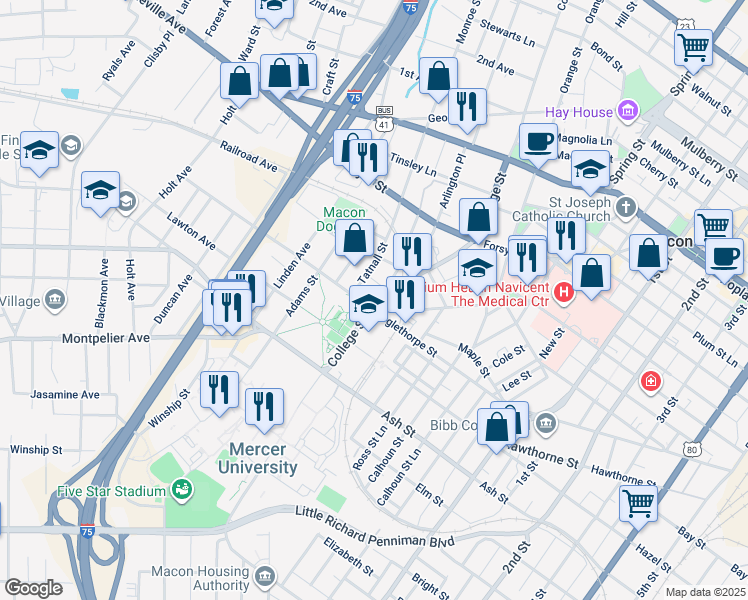map of restaurants, bars, coffee shops, grocery stores, and more near 1106 College Street in Macon