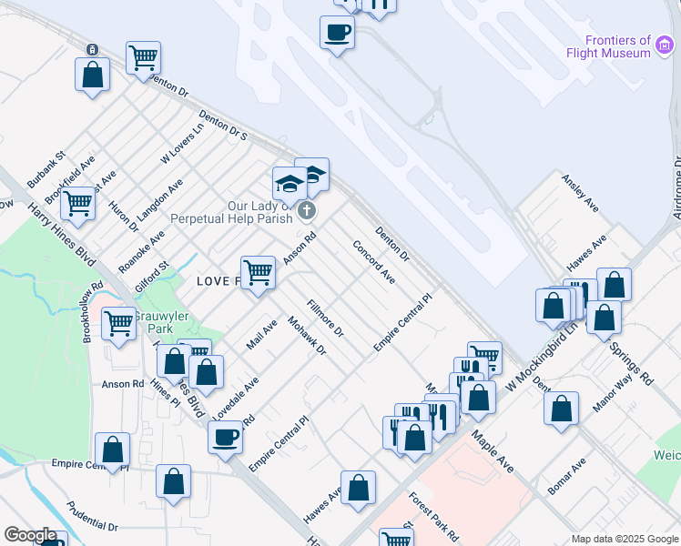 map of restaurants, bars, coffee shops, grocery stores, and more near 7302 Thurston Drive in Dallas