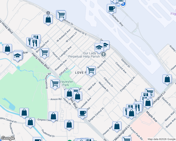 map of restaurants, bars, coffee shops, grocery stores, and more near in Dallas