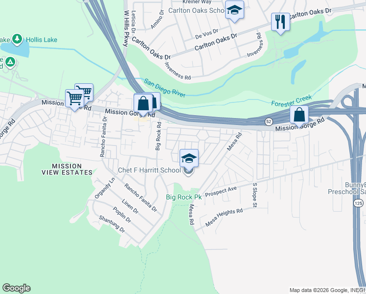 map of restaurants, bars, coffee shops, grocery stores, and more near 8301 Mission Gorge Rd in Santee