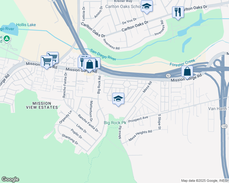 map of restaurants, bars, coffee shops, grocery stores, and more near 8301 Mission Gorge Road in Santee