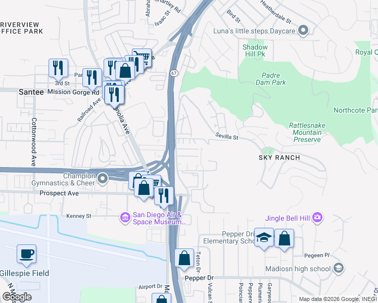 map of restaurants, bars, coffee shops, grocery stores, and more near 8711 Graves Avenue in Santee
