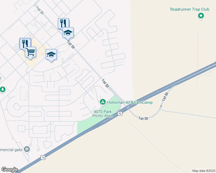 map of restaurants, bars, coffee shops, grocery stores, and more near 145 East Delaware Avenue in Holloman Air Force Base