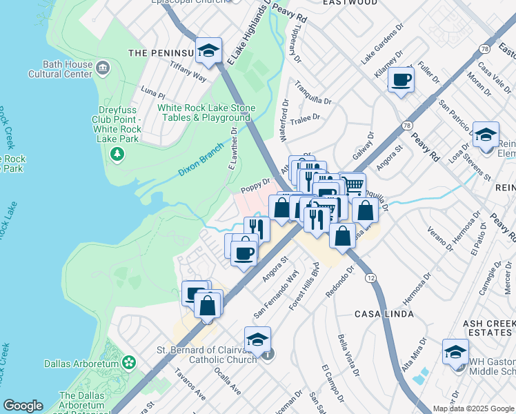 map of restaurants, bars, coffee shops, grocery stores, and more near 9330 Poppy Drive in Dallas