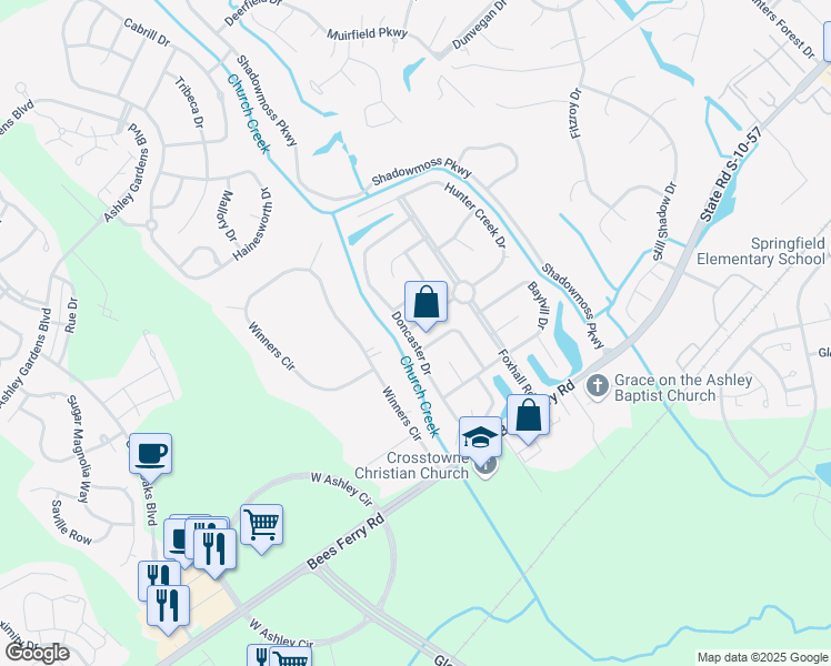 map of restaurants, bars, coffee shops, grocery stores, and more near 2932 Doncaster Drive in Charleston