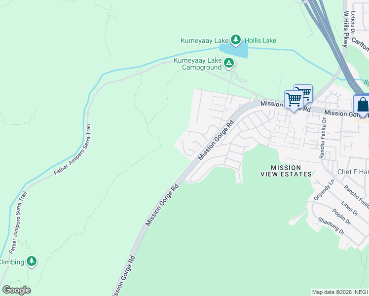 map of restaurants, bars, coffee shops, grocery stores, and more near 7396 Mission Dam Terrace in Santee