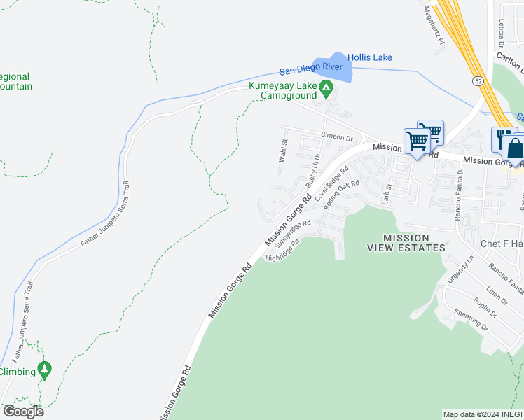 map of restaurants, bars, coffee shops, grocery stores, and more near 7396 Mission Dam Terrace in Santee