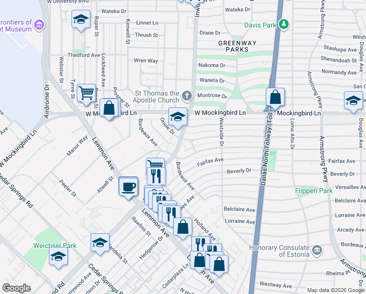map of restaurants, bars, coffee shops, grocery stores, and more near 3922 Inwood Road in Dallas