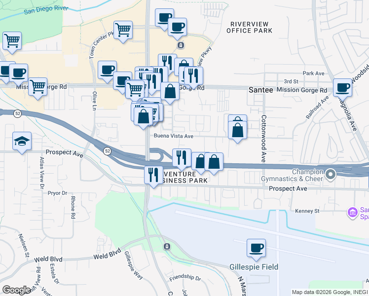 map of restaurants, bars, coffee shops, grocery stores, and more near 9925 Summertree Lane in Santee