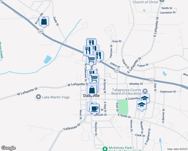 map of restaurants, bars, coffee shops, grocery stores, and more near 201 Okefuske Street in Dadeville