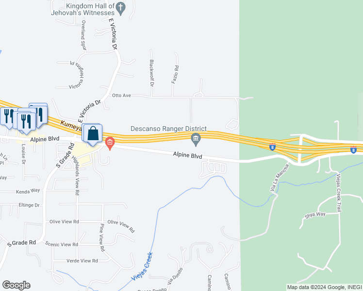 map of restaurants, bars, coffee shops, grocery stores, and more near 3324 Alpine Boulevard in Alpine