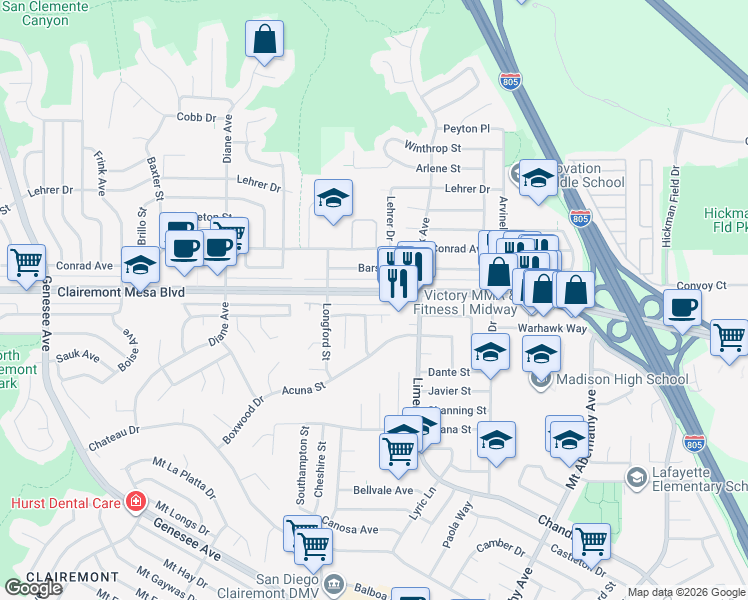 map of restaurants, bars, coffee shops, grocery stores, and more near 4823 Kesling Place in San Diego