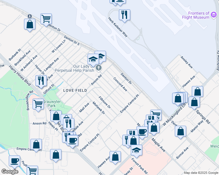 map of restaurants, bars, coffee shops, grocery stores, and more near 7302 Thurston Drive in Dallas