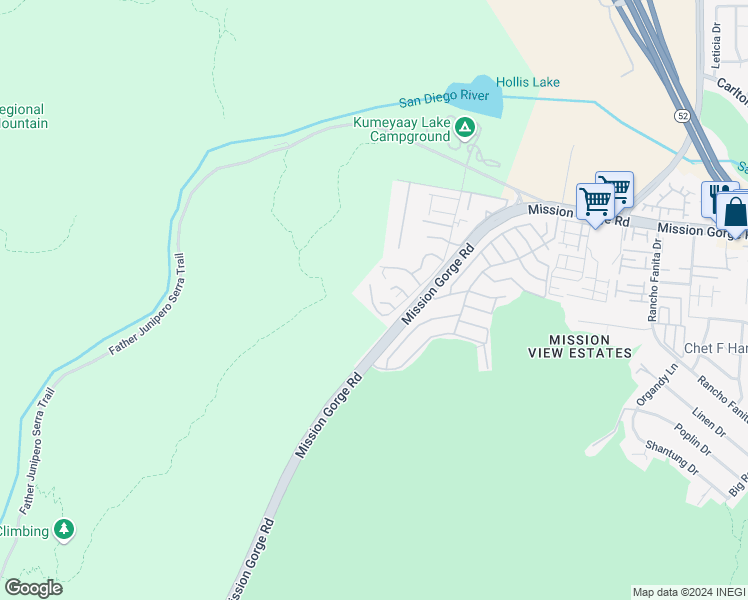 map of restaurants, bars, coffee shops, grocery stores, and more near 7372 Mission Dam Terrace in Santee