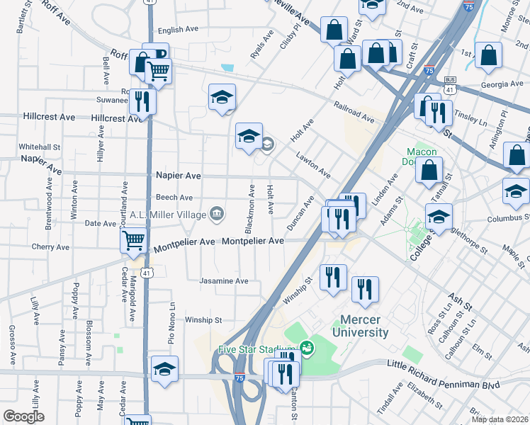 map of restaurants, bars, coffee shops, grocery stores, and more near 1335 Holt Avenue in Macon