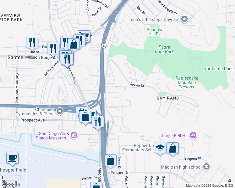 map of restaurants, bars, coffee shops, grocery stores, and more near 10966 Sunset Trail in Santee