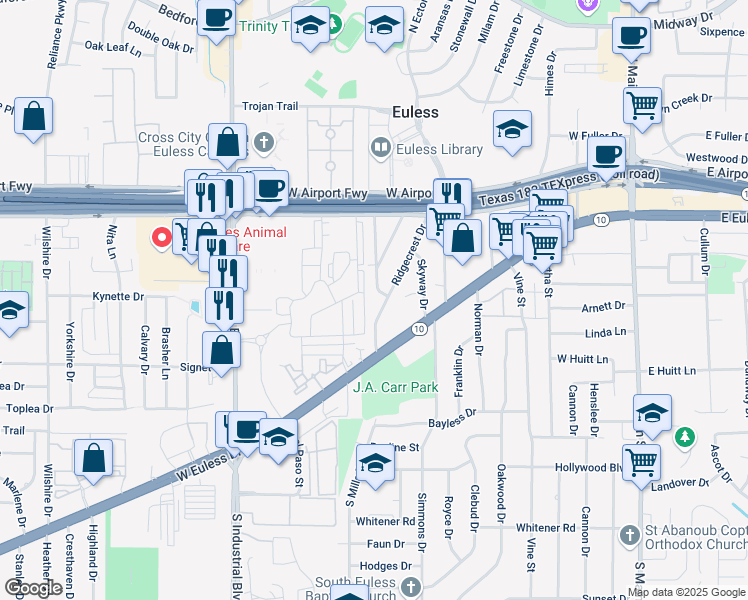 map of restaurants, bars, coffee shops, grocery stores, and more near 308 Ridgecrest Drive in Euless