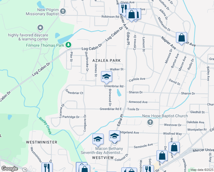 map of restaurants, bars, coffee shops, grocery stores, and more near 3522 Greenbriar Road in Macon