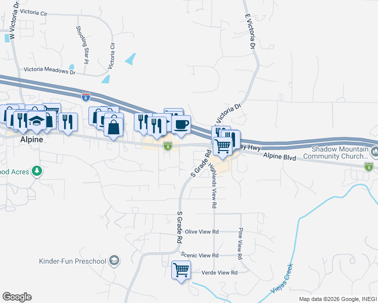 map of restaurants, bars, coffee shops, grocery stores, and more near 2951 River Shadow Court in Alpine