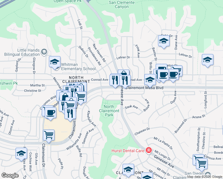 map of restaurants, bars, coffee shops, grocery stores, and more near 4431 Manitou Way in San Diego