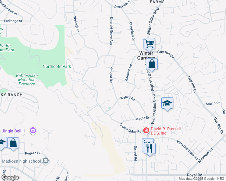 map of restaurants, bars, coffee shops, grocery stores, and more near 8650 Almond Road in Lakeside