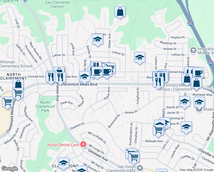 map of restaurants, bars, coffee shops, grocery stores, and more near 4763 Mount Royal Avenue in San Diego