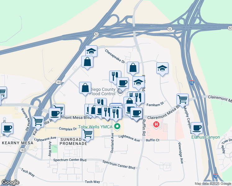 map of restaurants, bars, coffee shops, grocery stores, and more near 5500 Overland Avenue in San Diego