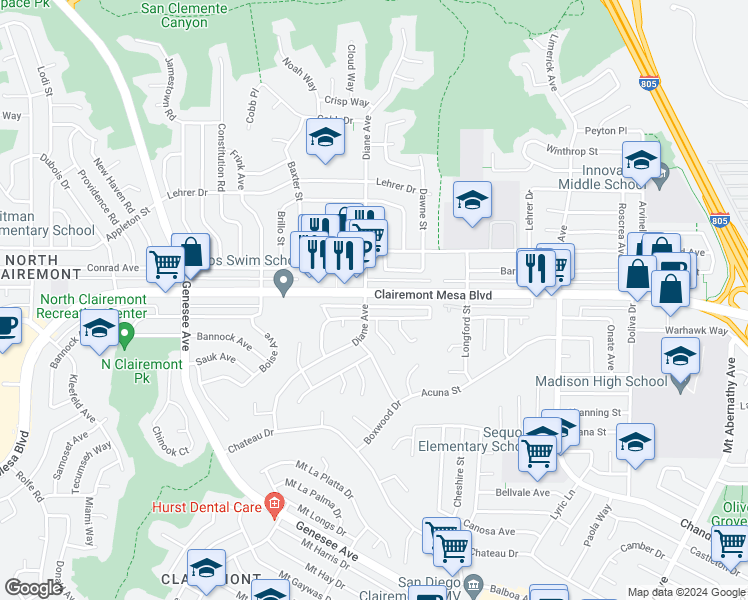 map of restaurants, bars, coffee shops, grocery stores, and more near 4839 Mount Royal Avenue in San Diego