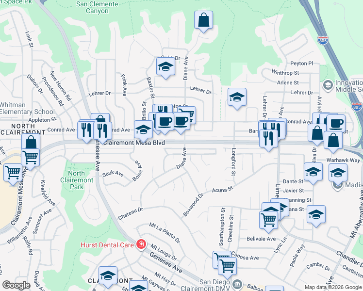 map of restaurants, bars, coffee shops, grocery stores, and more near 4763 Mount Royal Avenue in San Diego