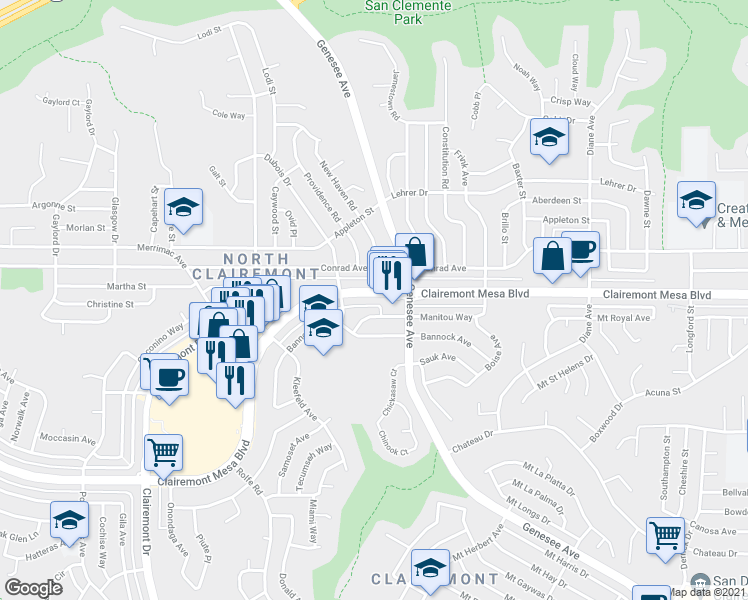 map of restaurants, bars, coffee shops, grocery stores, and more near 4431 Manitou Way in San Diego