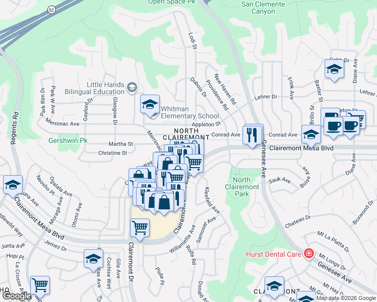 map of restaurants, bars, coffee shops, grocery stores, and more near 5074 Clairemont Drive in San Diego