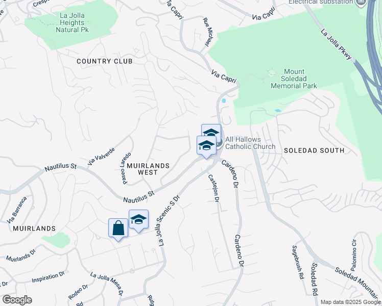 map of restaurants, bars, coffee shops, grocery stores, and more near 6787 Avenida Andorra in San Diego