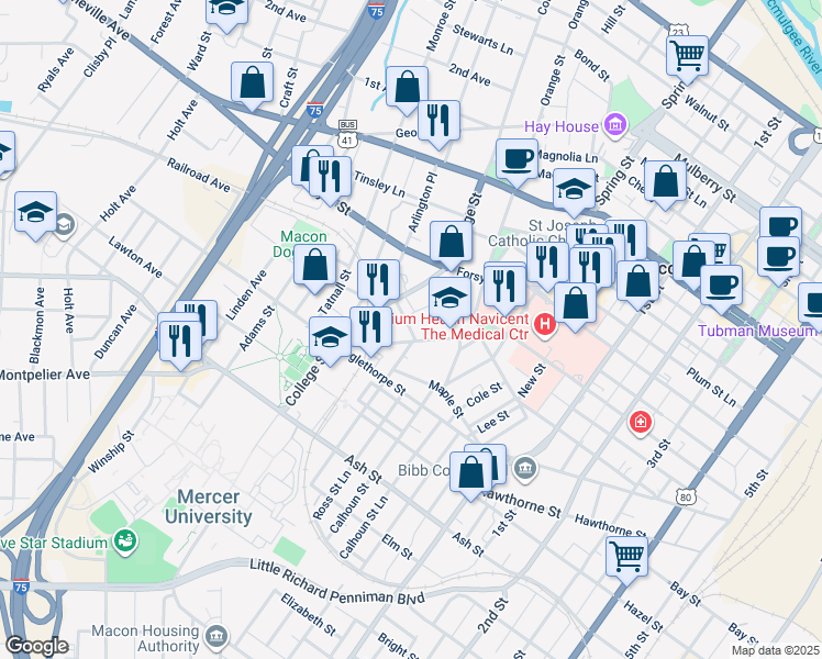 map of restaurants, bars, coffee shops, grocery stores, and more near 1086 Columbus Street in Macon