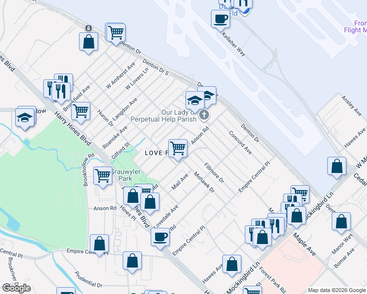 map of restaurants, bars, coffee shops, grocery stores, and more near 2310 Anson Road in Dallas