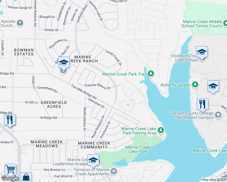 map of restaurants, bars, coffee shops, grocery stores, and more near 5505 Paloma Court in Fort Worth